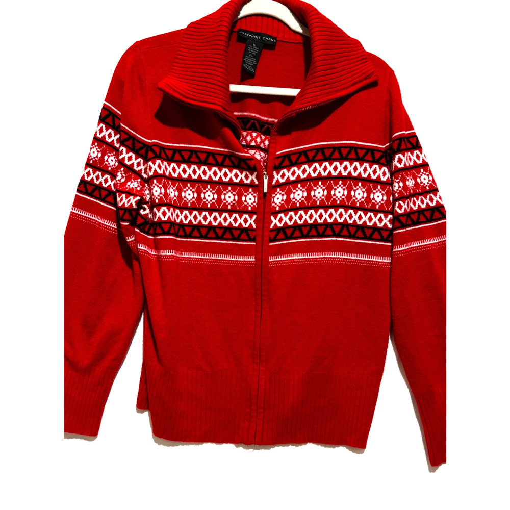 Josephine Chaus Holiday Nordic Sweater Red White Black Cardigan Full Zip xl